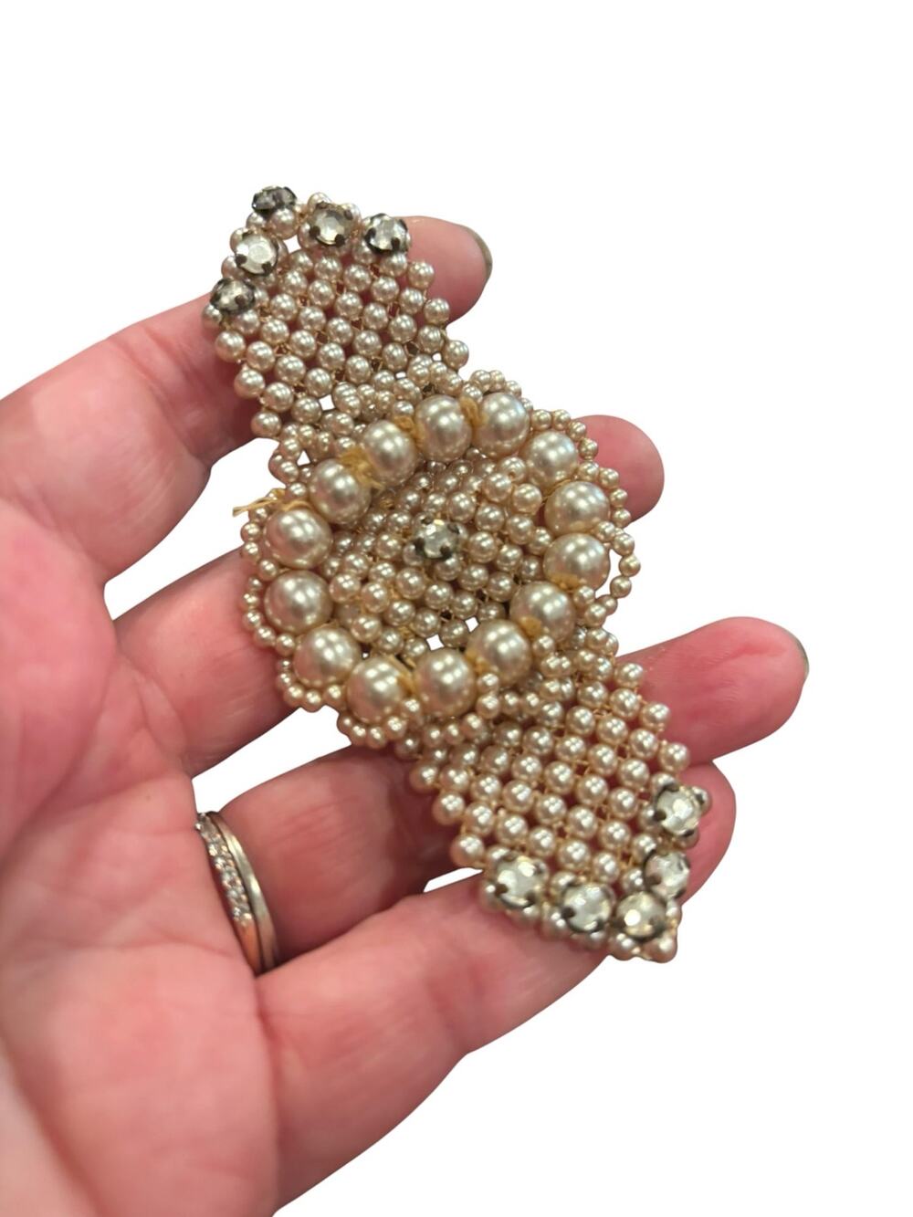 1930s Hand-Beaded Faux Pearl & Rhinestone Sew-On Dress Ornament / Appliqué